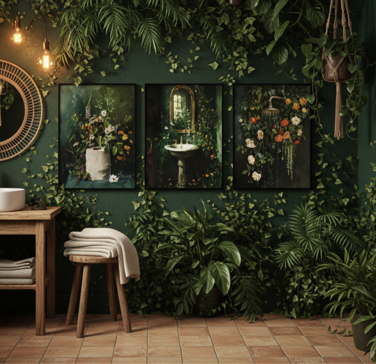 Plakat Botanical Bathroom Set – Mroczna Botanika | Zestaw 3 Plakatów Łazienkowych Dekoracja Ścienna