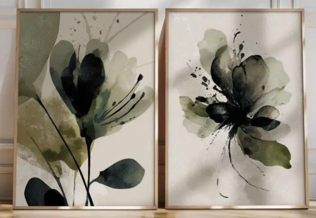 Zestaw 2 plakatów Dark Botanical Duo – Abstrakcyjne Kwiaty Tuszowe | Japandi Quiet Luxury Dekoracja Ścienna