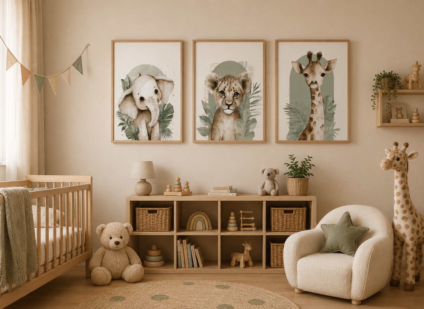 Plakat Safari Babies – Słonik Gepard Żyrafa | Akwarela Kids Safari Dekoracja Pokój Dziecięcy