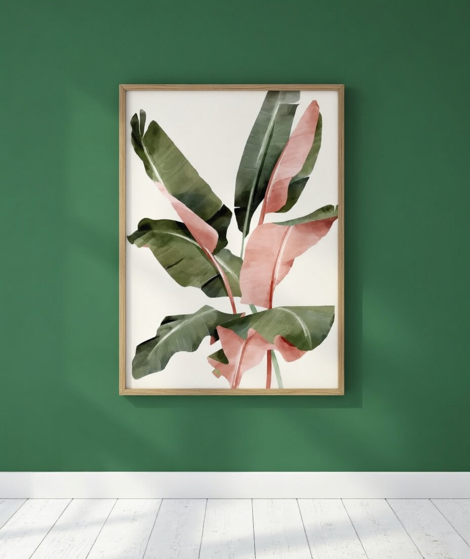 Plakat Pink Banana Leaves – Liście Bananowca Akwarela | Tropical Minimalism Dekoracja Ścienna