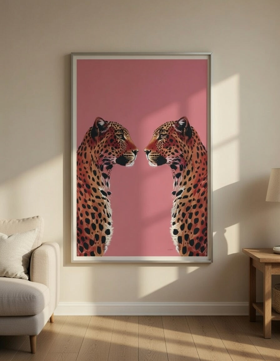 Plakat Twin Leopards – Dwa Gepardy na Różu | Bold Animal Art Maximalist Dekoracja Ścienna