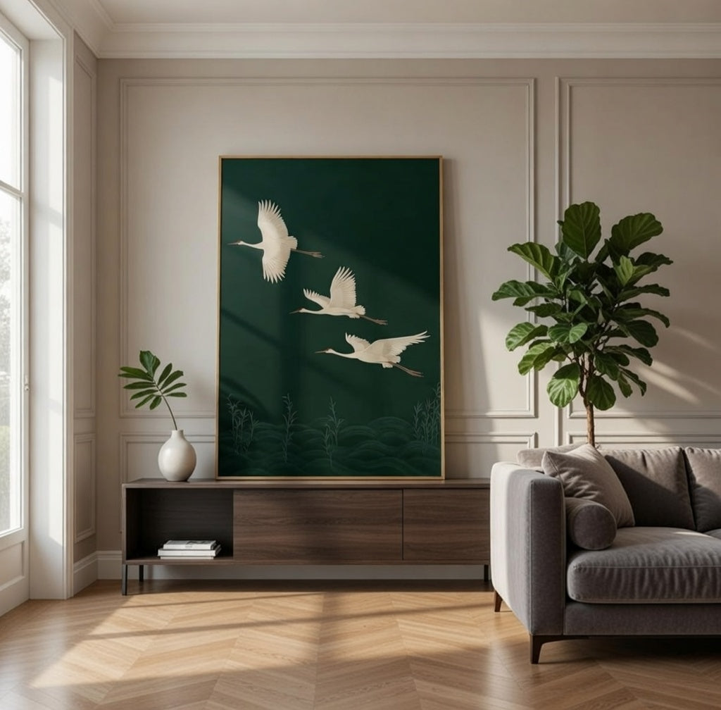 Plakat Flying Cranes – Trzy Białe Żurawie w Locie | Japanese Minimalism Dark Botanical Quiet Luxury Dekoracja Ścienna