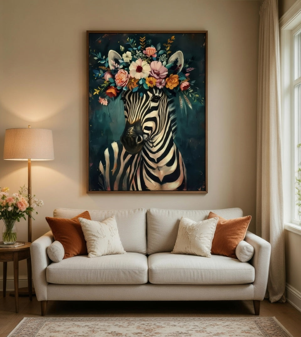 Plakat Floral Zebra – Zebra w Kwiatowej Koronie | Boho Maximalist Animal Art Dekoracja Ścienna