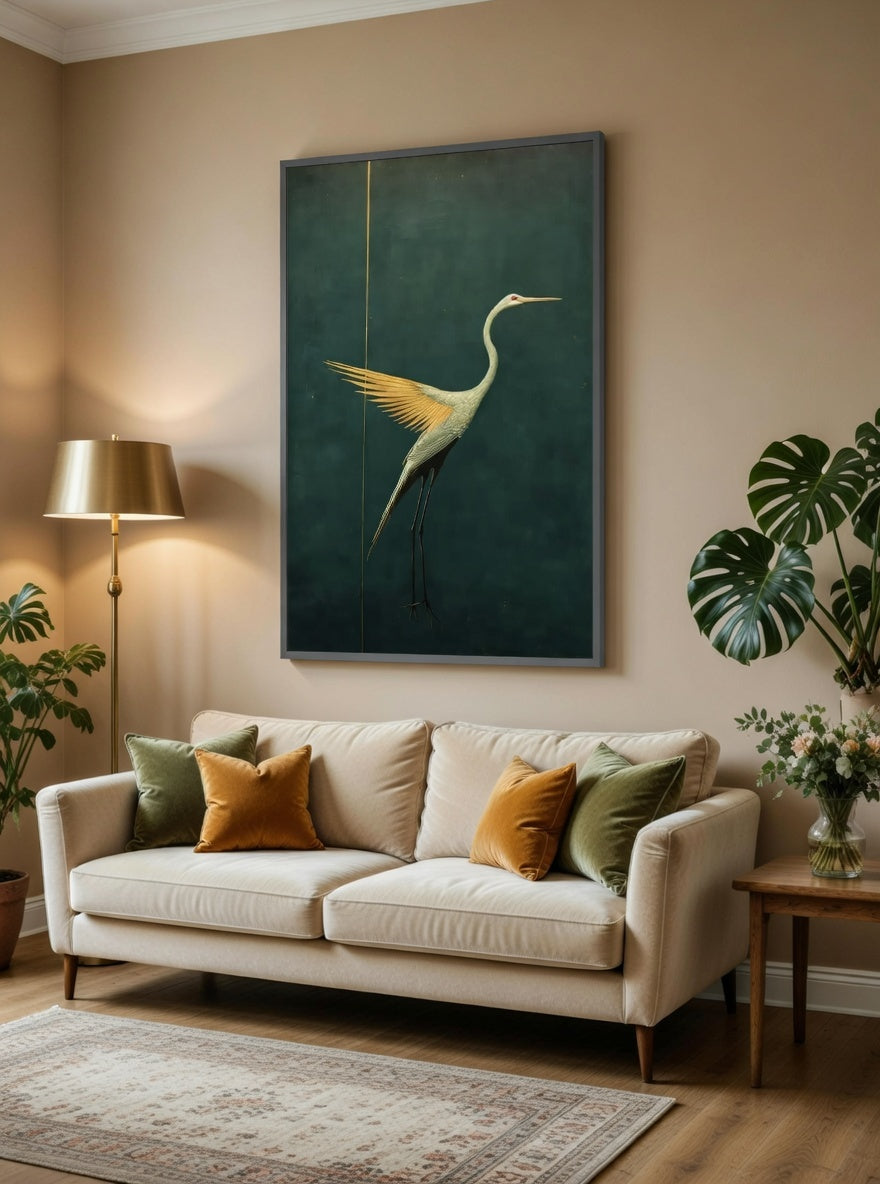 Plakat Golden Heron – Złota Czapla na Zieleni | Japandi Luxury Minimalist Dekoracja Ścienna