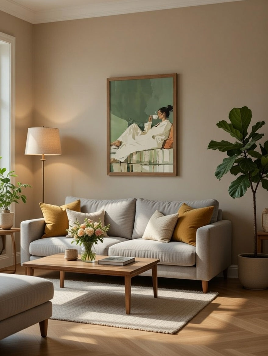 Plakat Morning Coffee – Kobieta z Kawą na Kanapie | Cozy Aesthetic Quiet Luxury Slow Living Dekoracja Ścienna