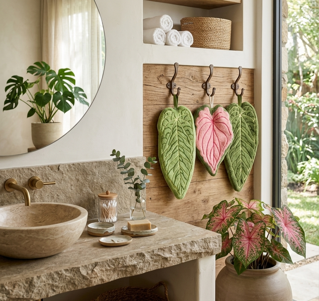 Tropical Leaf Towel Set – Zestaw 3 Ręczników Liście Tropikalne Zielony & Różowy | Botaniczna Dekoracja Łazienki