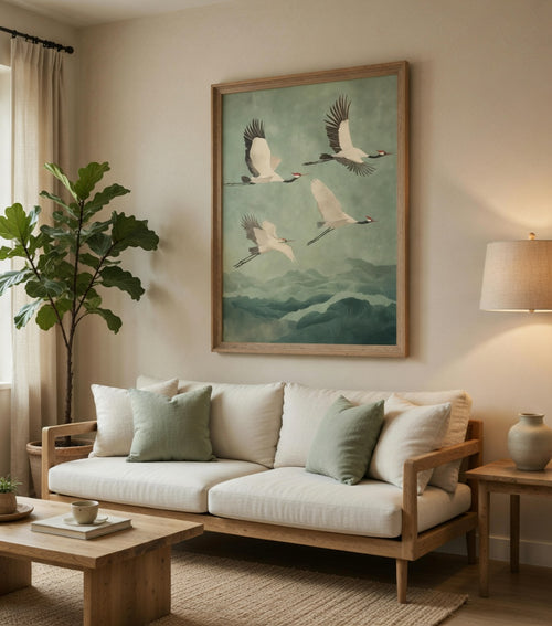 Plakat Cranes Over Mountains – Żurawie nad Górami | Japanese Art Japandi Zen Dekoracja Ścienna
