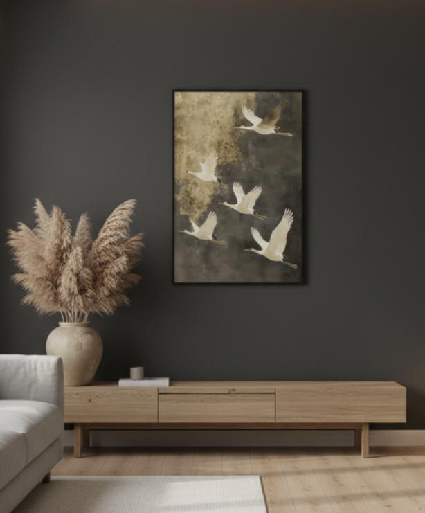 Plakat Cranes on Bronze – Japońskie Żurawie | Dekoracja Ścienna