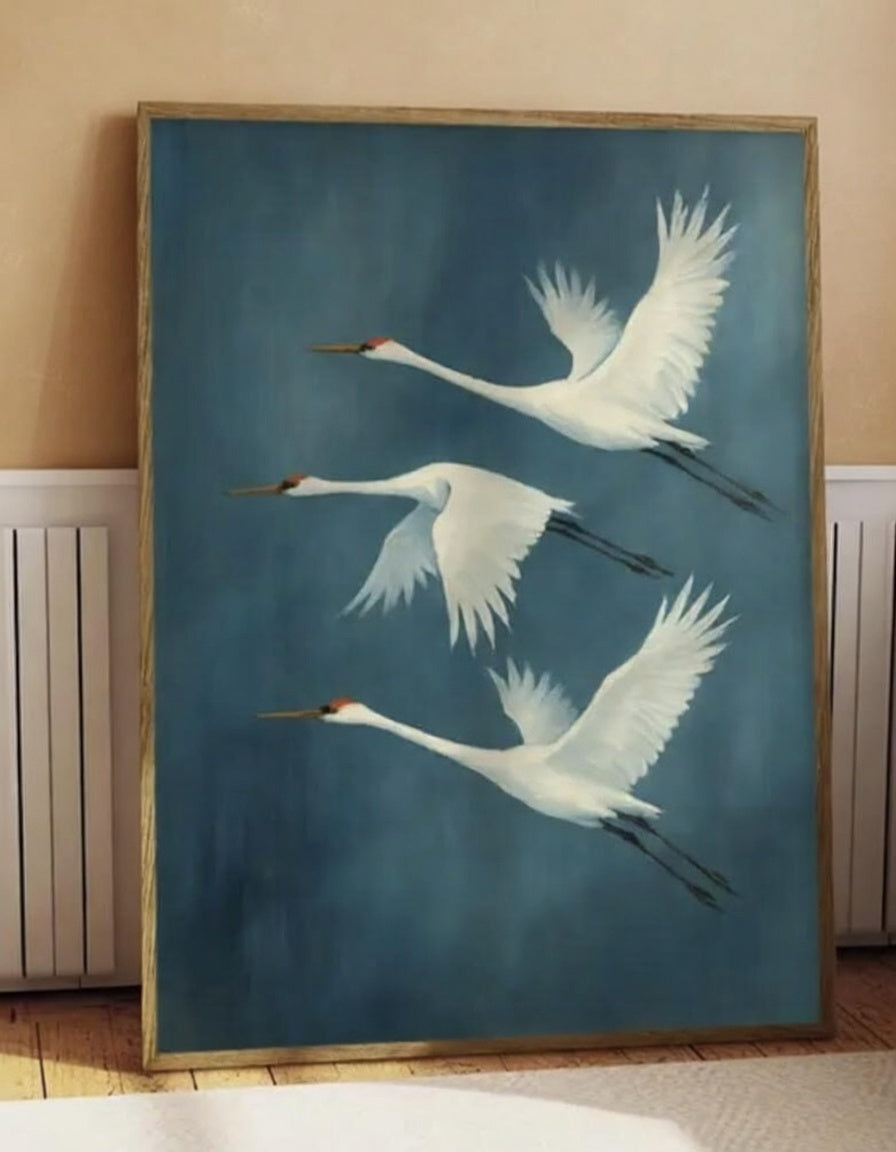 Plakat Three Cranes – Trzy Żurawie w Locie | Japandi Zen Coastal Dekoracja Ścienna