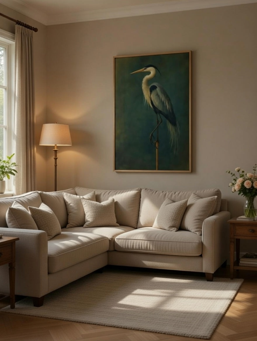 Plakat Heron Portrait – Czapla Siwa | Dark Botanical Vintage Natural History Quiet Luxury Dekoracja Ścienna