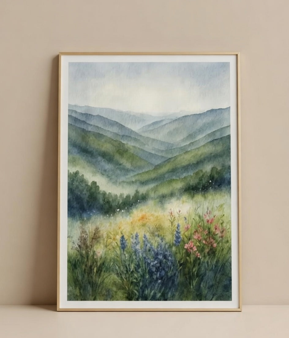 Plakat Misty Valley – Zielona Dolina z Kwiatami Łąkowymi | Watercolor Landscape Cottagecore Dekoracja Ścienna