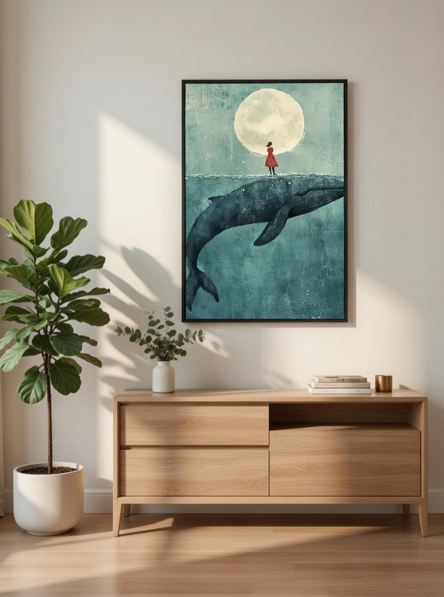 Plakat Girl on a Whale – Dziewczynka na Wielorybie | Whimsical Surrealism Dreamy Dekoracja Ścienna