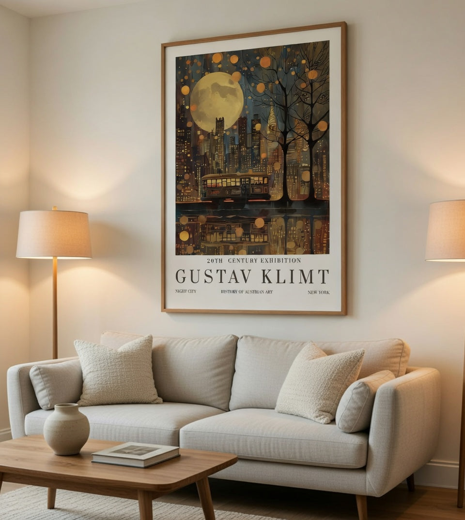 Plakat Night City Gustav Klimt – Nocne Miasto z Księżycem | Plakat Wystawowy Dekoracja Ścienna