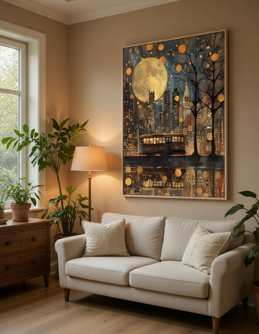 Plakat Golden Night City – Nocne Miasto z Księżycem i Tramwajem | Bajkowy Plakat Dekoracja Ścienna