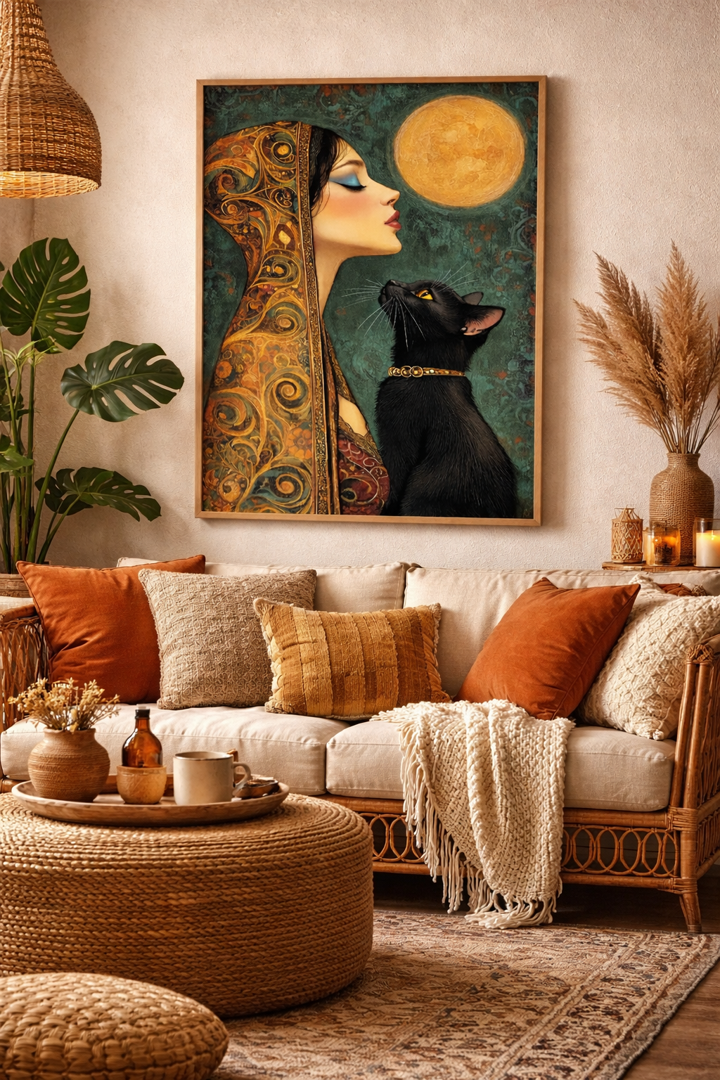 Plakat Woman with Black Cat – Kobieta z Czarnym Kotem | Art Nouveau Klimt Dark Luxury Dekoracja Ścienna