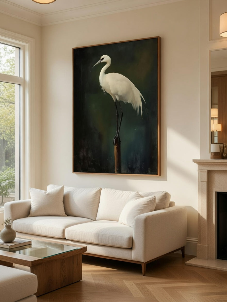 Plakat Elegance On One Leg – Biała Czapla | Dark Luxury Dekoracja Ścienna Winylowa