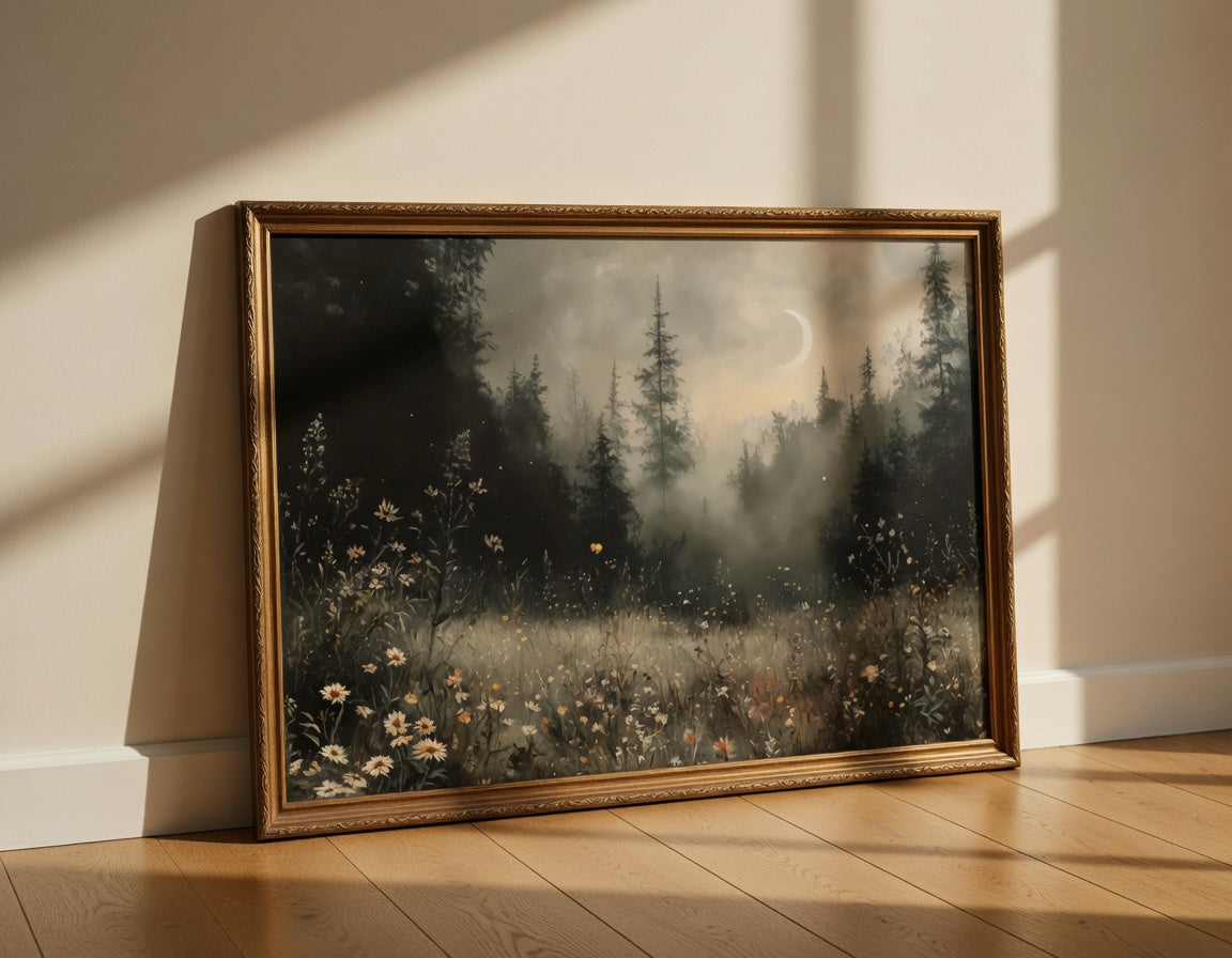 Plakat Moonlit Meadow – Nocna Łąka z Kwiatami | Dark Botanical Vintage Dekoracja Ścienna