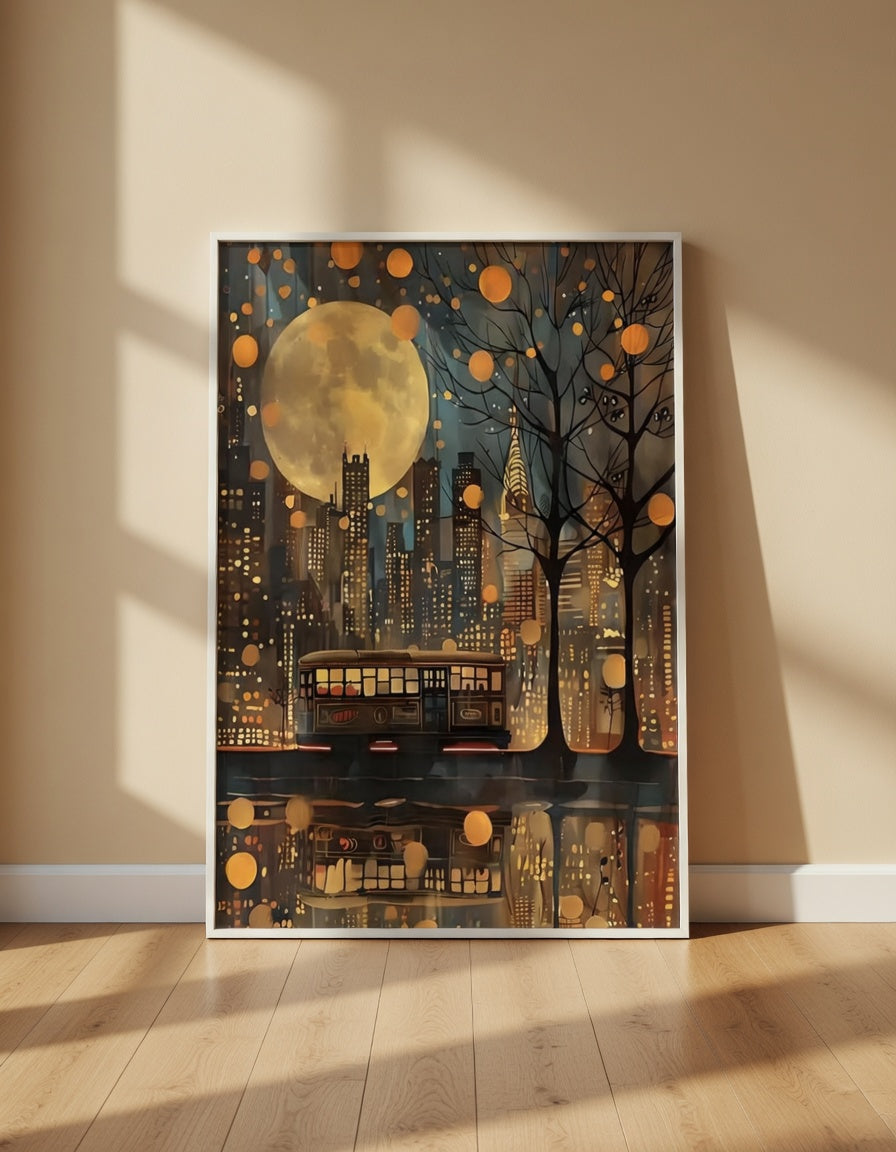Plakat Golden Night City – Nocne Miasto z Księżycem i Tramwajem | Bajkowy Plakat Dekoracja Ścienna