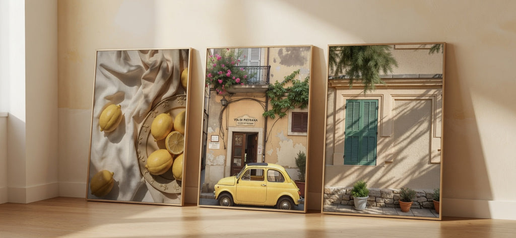 Plakat Dolce Vita Triptych – Włoskie Lato | Cytryny Fiat Sycylia Dekoracja Ścienna