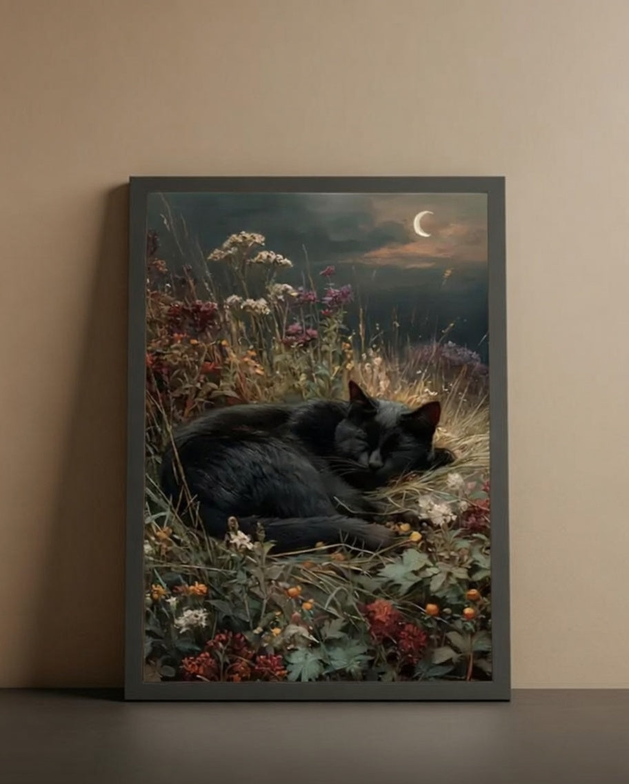 Plakat Black Cat in Wildflowers – Czarny Kot wśród Kwiatów | Dark Cottagecore Gothic Romantic Dekoracja Ścienna