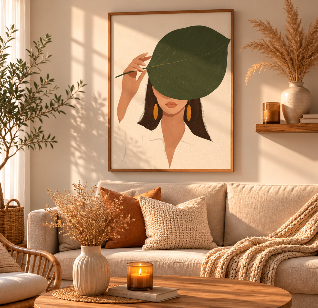 Plakat Hidden Leaf Woman – Kobieta z Liściem | Boho Figuratywna Dekoracja Ścienna