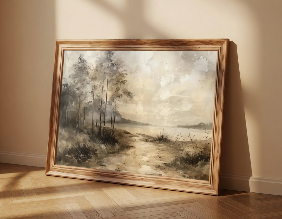 Plakat Lakeside Serenity – Brzozowy Krajobraz nad Jeziorem | Malarski Vintage Dekoracja Ścienna