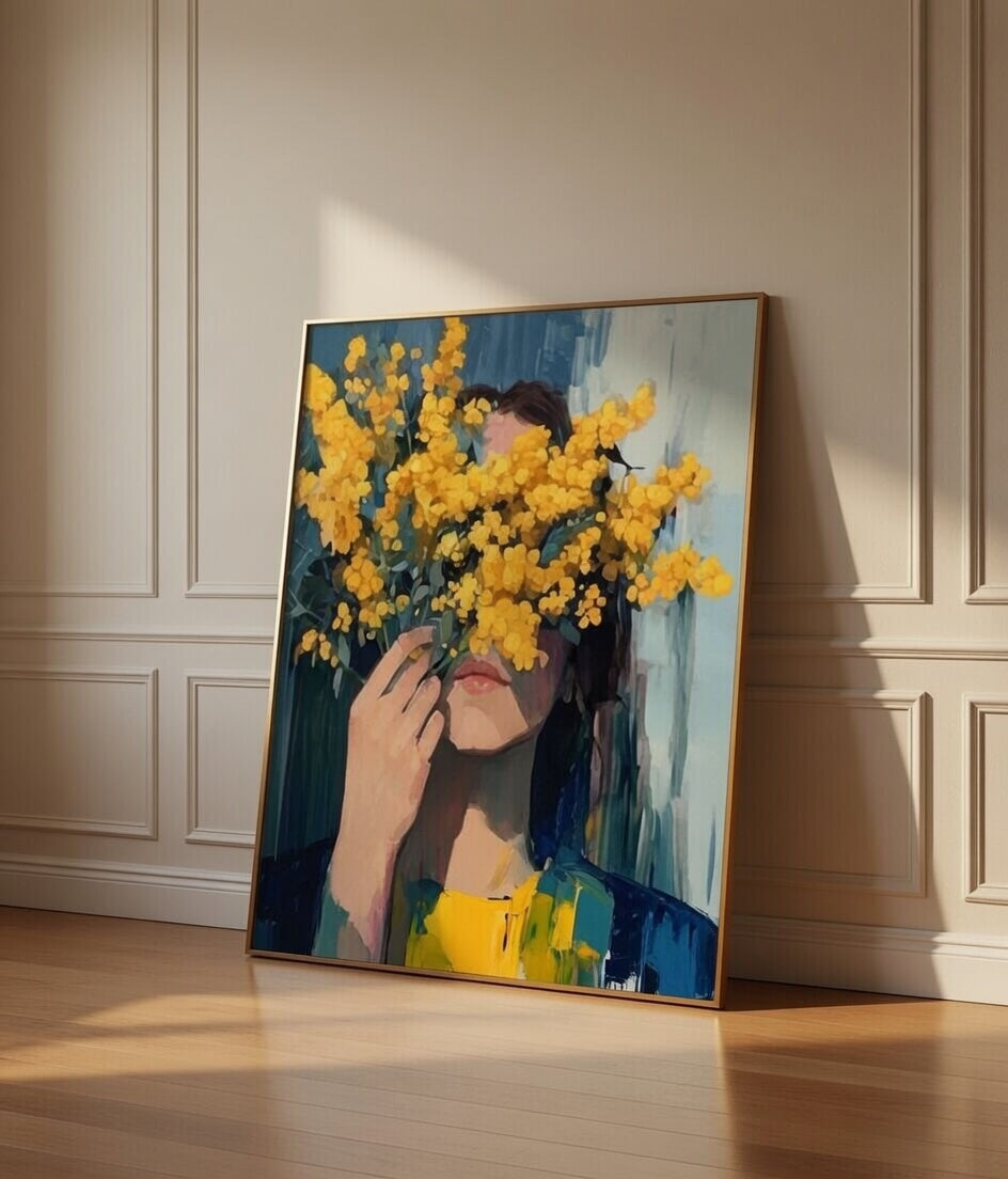 Plakat Mimosa Vision – Kobieta z Mimozą | Expressive Floral Portrait Contemporary Art Dekoracja Ścienna