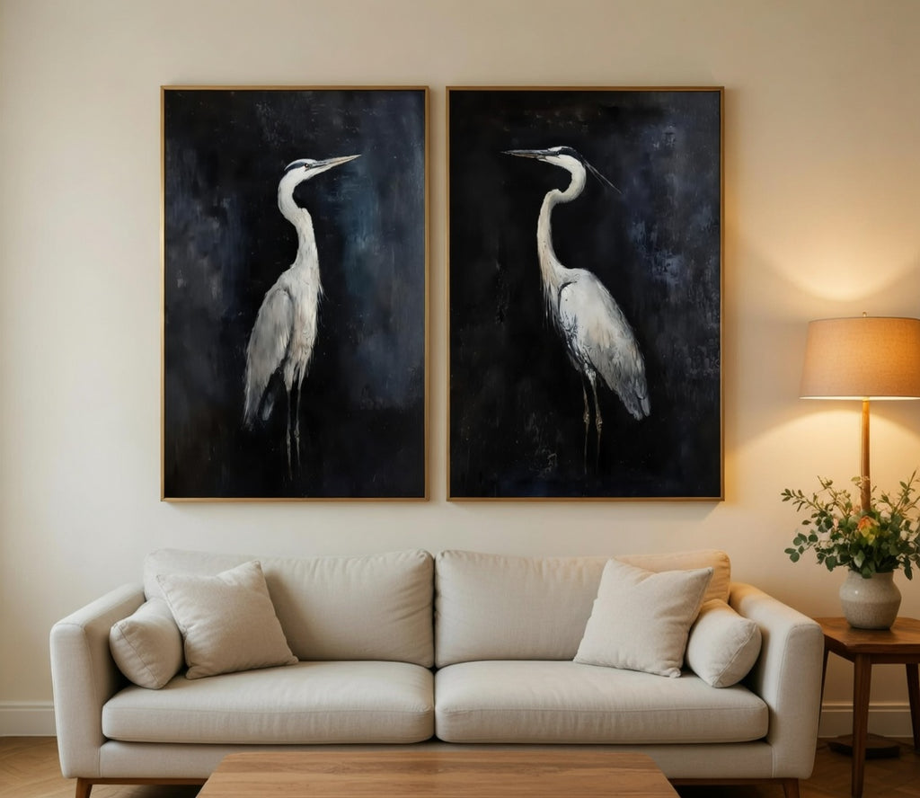 Plakat Zestaw Dwie Czaple – White Herons Diptych | Dark Luxury Japandi Dekoracja Ścienna