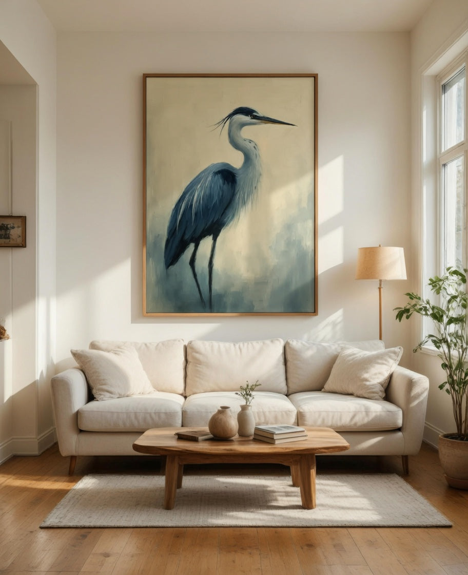 Plakat Blue Heron Portrait – Niebieska Czapla | Vintage Oil Painting Quiet Luxury Dekoracja Ścienna