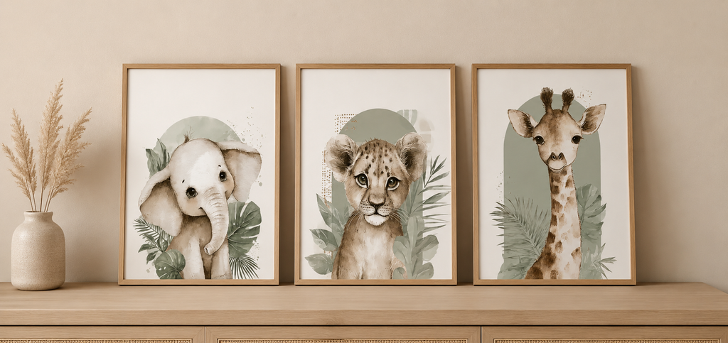 Plakat Safari Babies – Słonik Gepard Żyrafa | Akwarela Kids Safari Dekoracja Pokój Dziecięcy