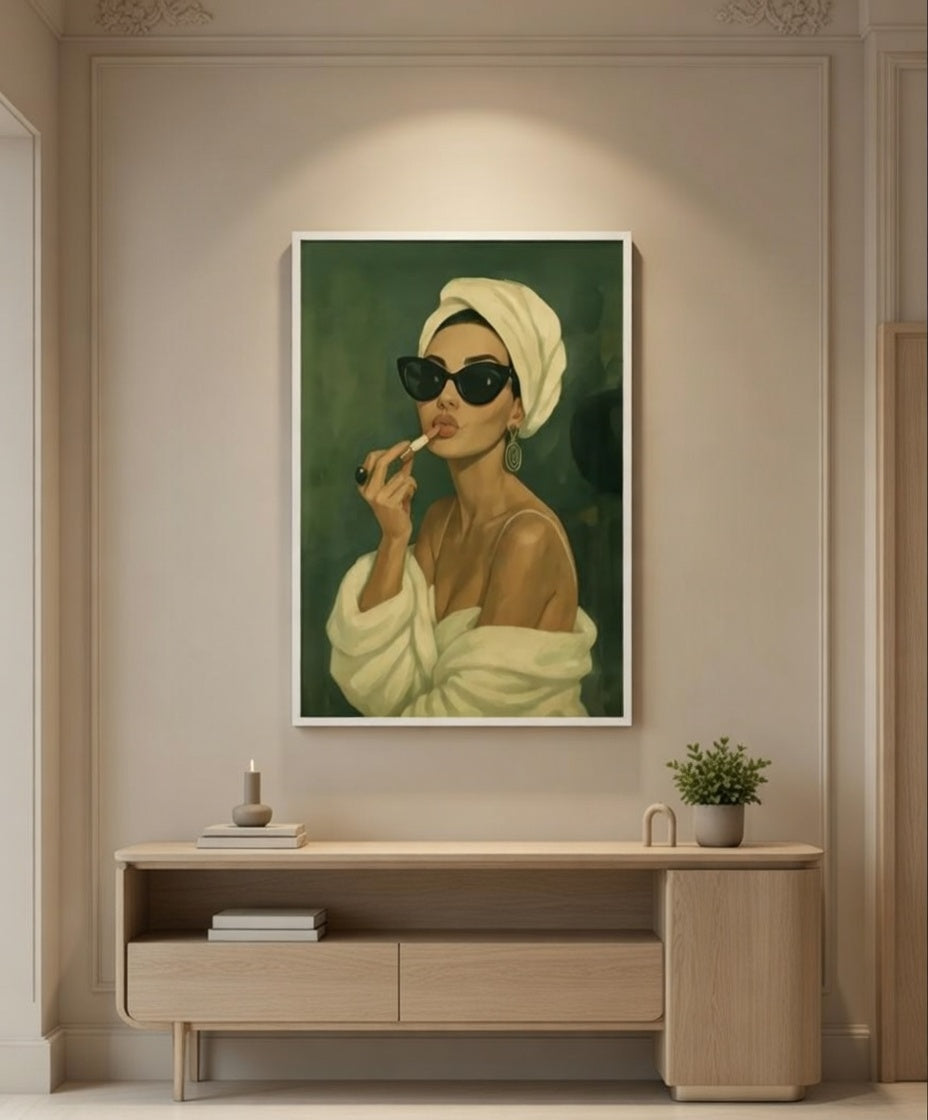 Plakat Lipstick Morning – Kobieta w Szlafroku ze Szminką | Glam Editorial Quiet Luxury Dekoracja Ścienna