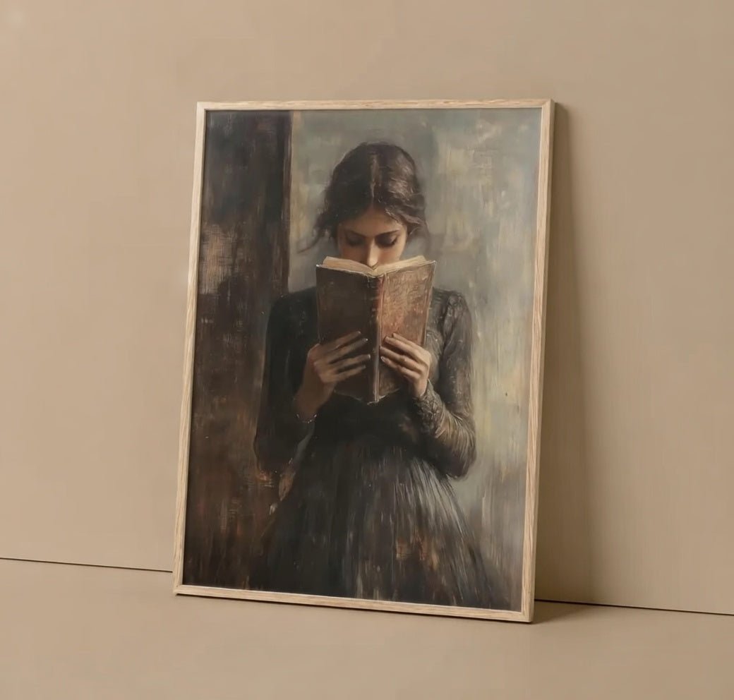 Plakat The Reader – Kobieta Czytająca Książkę | Dark Academia Vintage Figurative Moody Oil Painting Dekoracja Ścienna