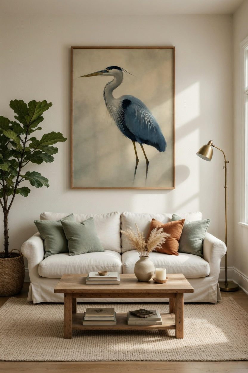 Plakat Blue Heron – Czapla Siwa | Japandi Coastal Quiet Luxury Dekoracja Ścienna