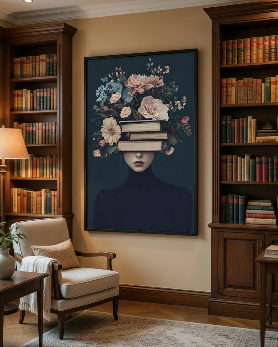 Plakat Blooming Mind – Kobieta z Książkami i Kwiatami | Dark Academia Surreal Dekoracja Ścienna