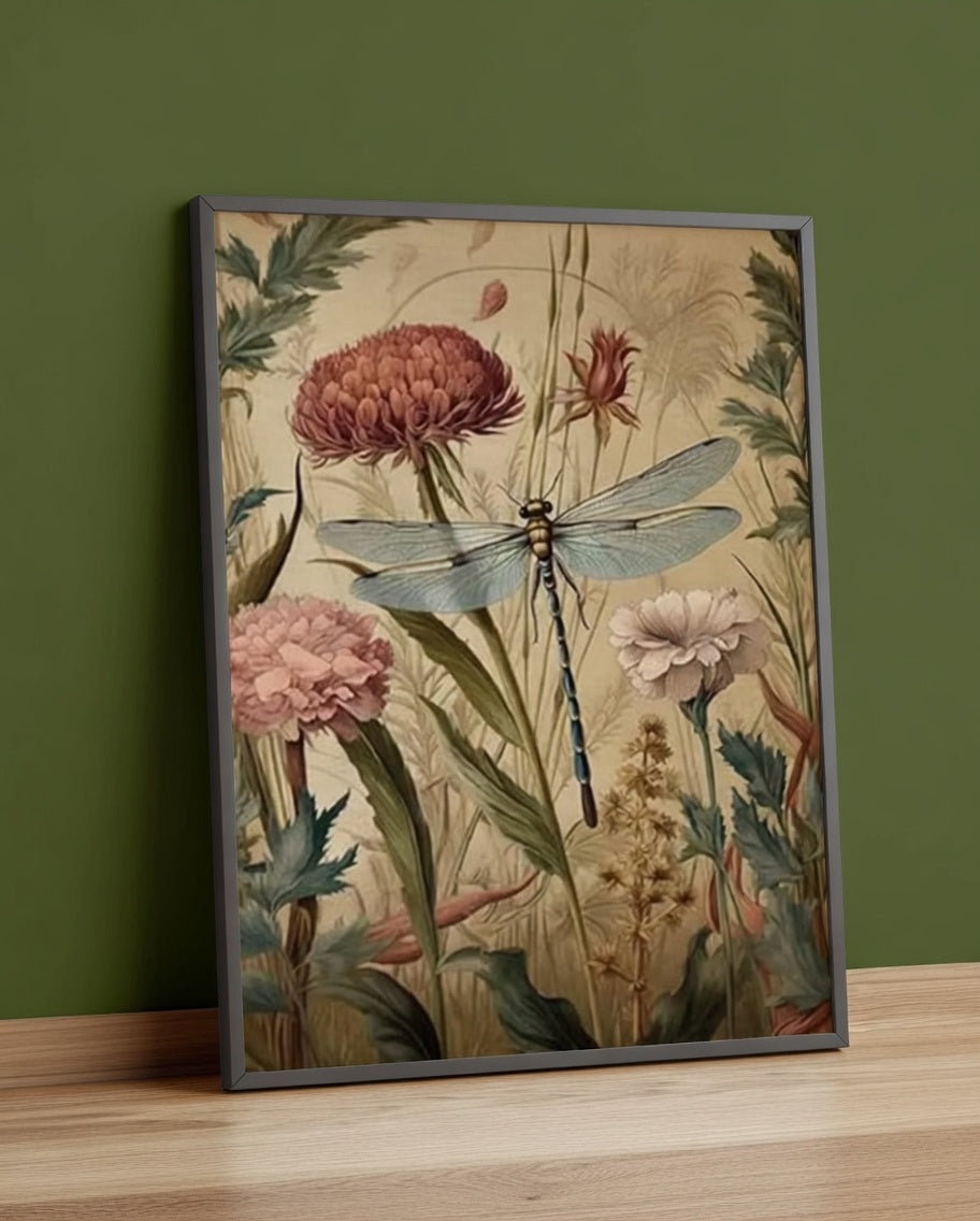 Plakat Dragonfly Meadow – Ważka na Łące | Botanical Vintage Cottagecore Dekoracja Ścienna