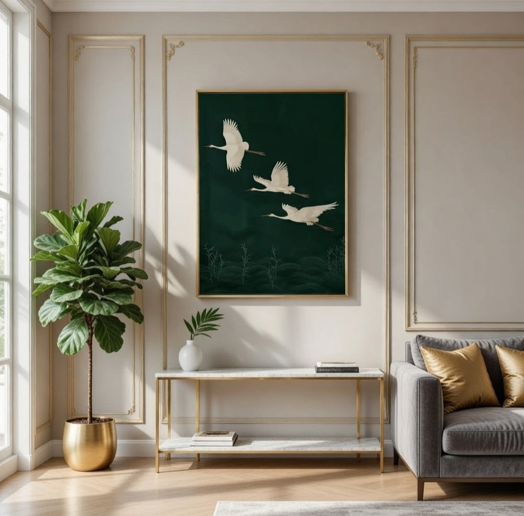 Plakat Flying Cranes – Trzy Białe Żurawie w Locie | Japanese Minimalism Dark Botanical Quiet Luxury Dekoracja Ścienna