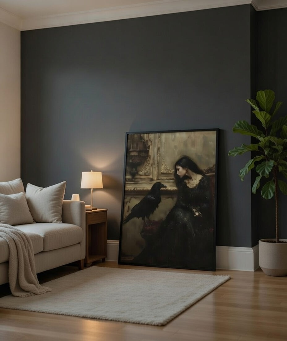 Plakat The Raven Lady – Kobieta z Krukiem | Dark Romantic Gothic Vintage Dekoracja Ścienna
