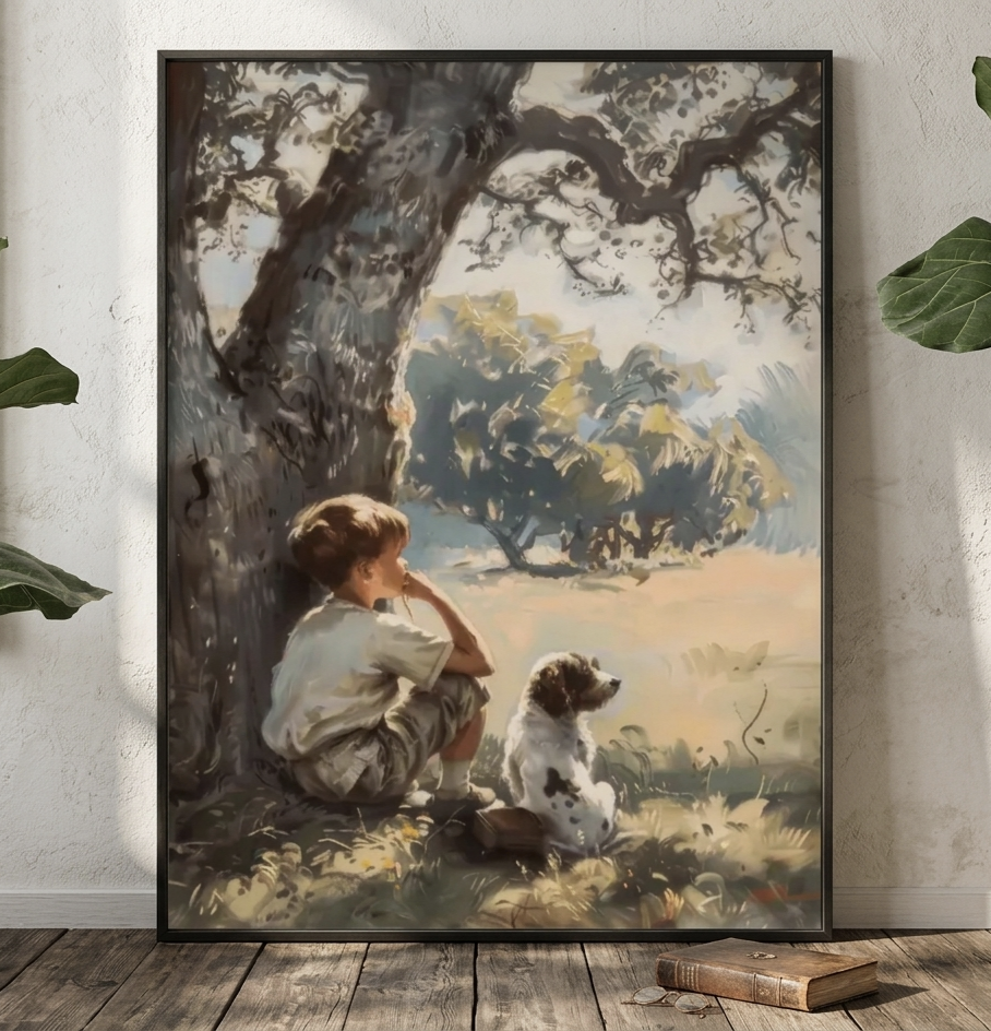 Plakat Boy and Dog Vintage – Chłopiec z Psem pod Drzewem | Nostalgic Cottagecore Dekoracja Ścienna