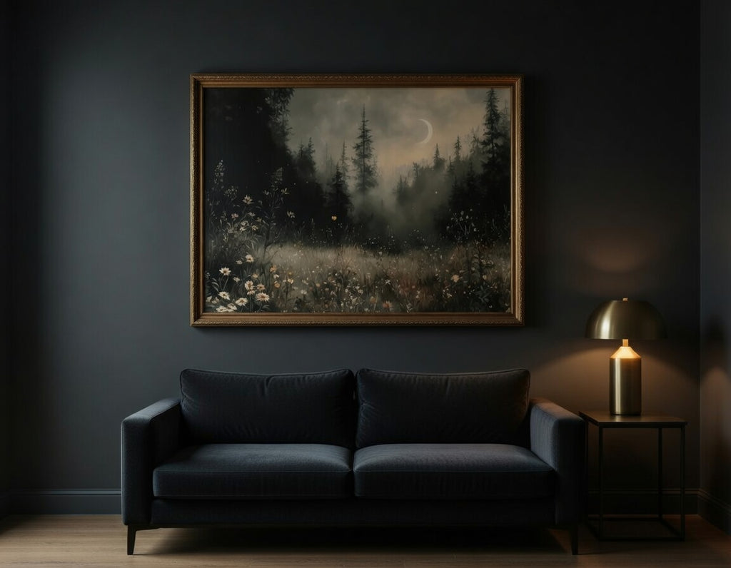 Plakat Moonlit Meadow – Nocna Łąka z Kwiatami | Dark Botanical Vintage Dekoracja Ścienna