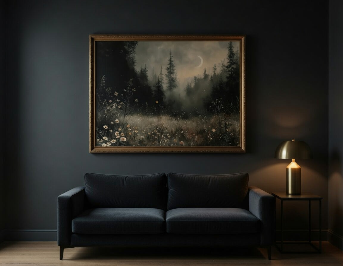 Plakat Moonlit Meadow – Nocna Łąka z Kwiatami | Dark Botanical Vintage Dekoracja Ścienna