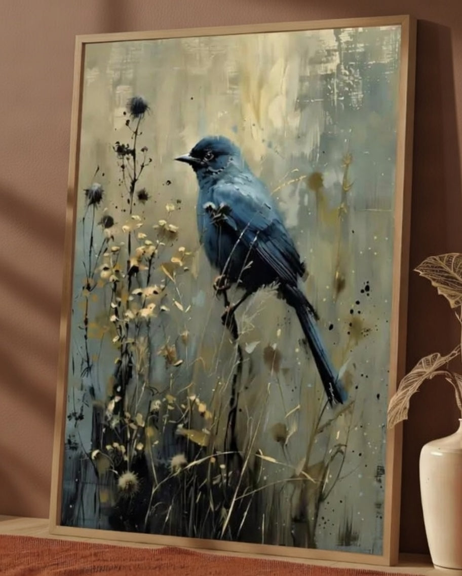 Plakat Blue Bird – Niebieski Ptak wśród Suchych Kwiatów | Moody Oil Painting Dark Botanical Quiet Luxury Dekoracja Ścienna
