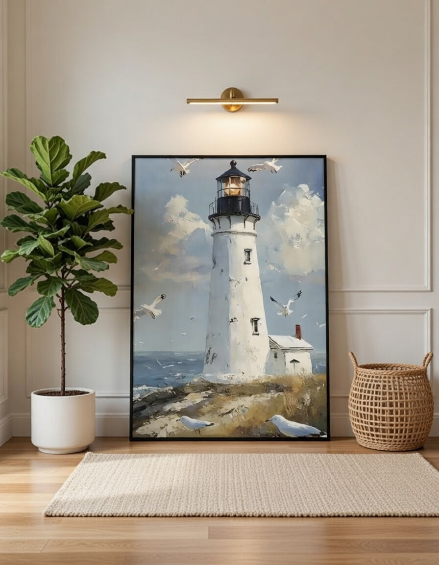Plakat Lighthouse with Seagulls – Latarnia Morska z Mewami | Coastal Impressionist Dekoracja Ścienna