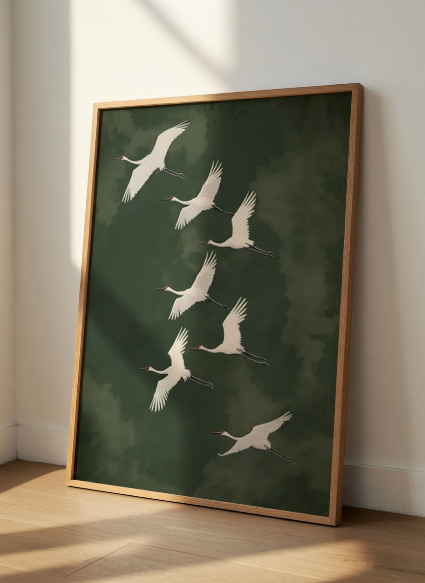 Plakat Emerald on the Sky – Białe Żurawie w Locie | Japandi Dark Luxury Dekoracja Ścienna