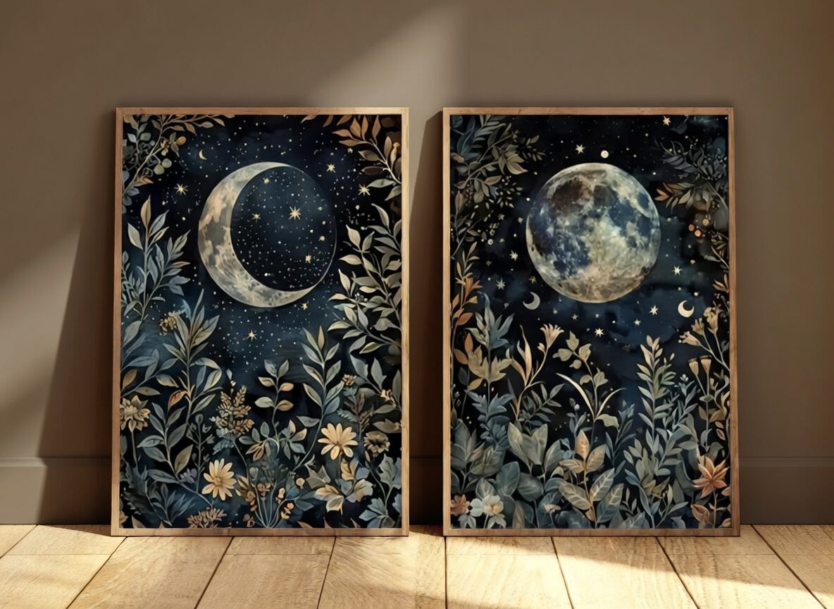 Plakat zestaw Two Sides of The Moon – Księżyc i Kwiaty | Celestial Boho Dekoracja Ścienna