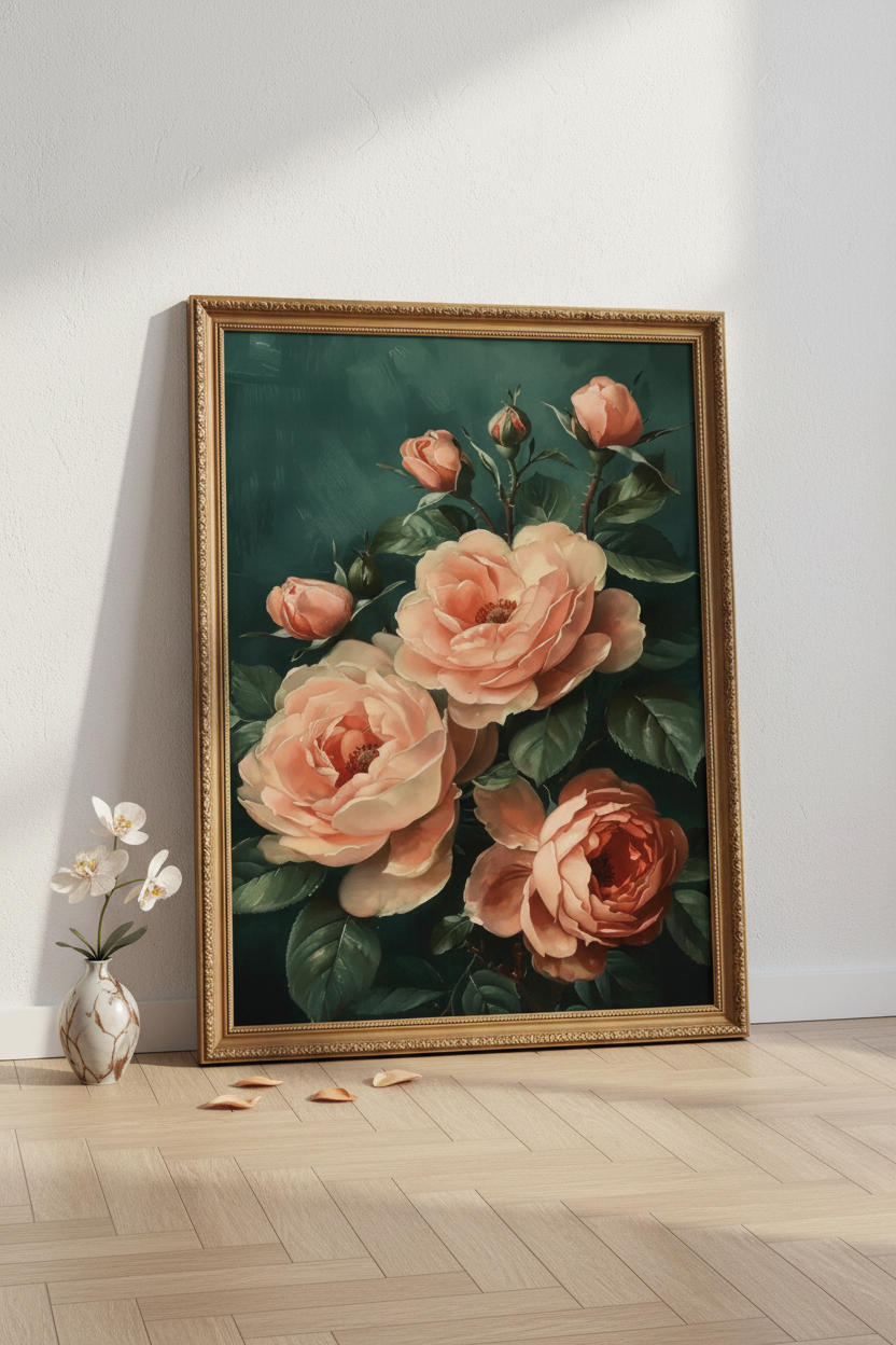 Plakat Peach Roses – Brzoskwiniowe Róże Vintage | Botaniczny Obraz Olejny Dekoracja Ścienna