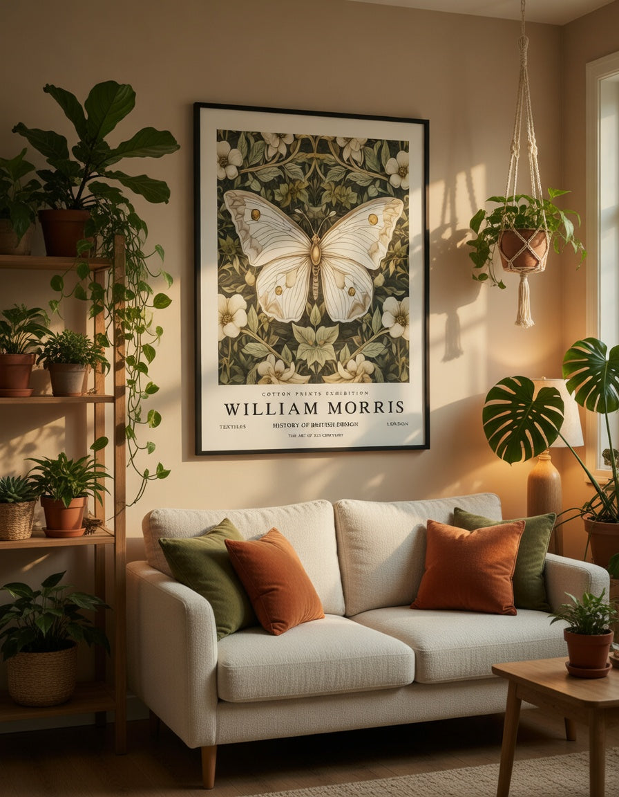 Plakat Green Butterfly William Morris – Biały Motyl Botaniczny | Plakat Wystawowy Dekoracja Ścienna