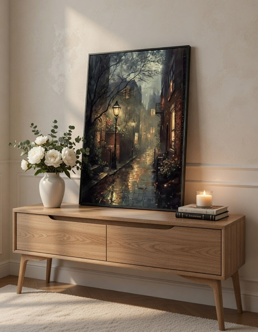 Plakat Rainy Night Alley – Nocna Uliczka z Latarnią | Dark Academia Moody Oil Painting Dekoracja Ścienna