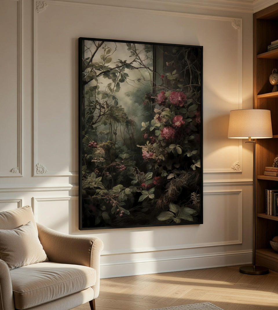 Plakat The Secret Garden – Mroczny Ogród z Różami | Dark Botanical Vintage Dekoracja Ścienna