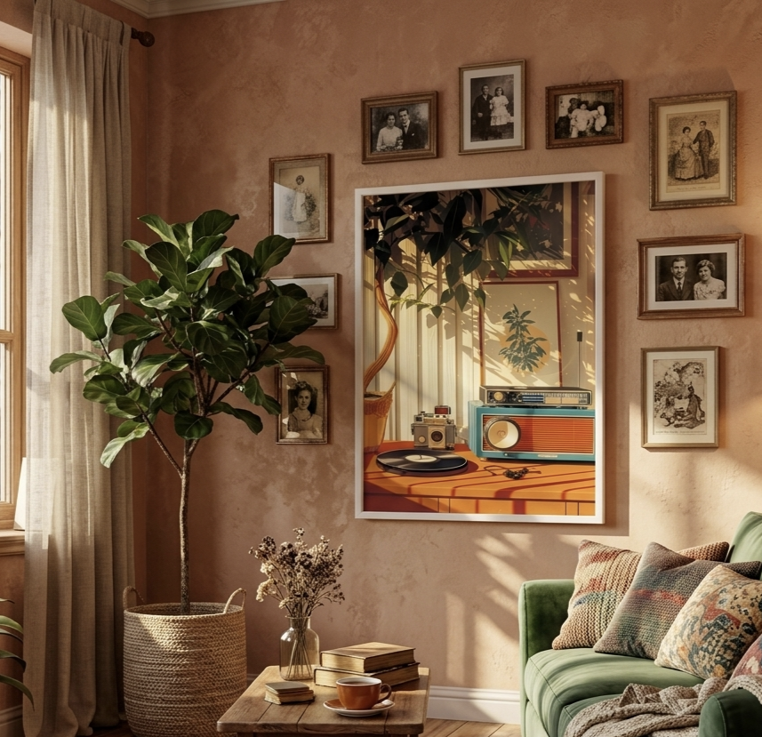 Plakat Vintage Radio & Vinyl – Retro Muzyczna Nostalgia | Mid-Century Modern Dekoracja Ścienna