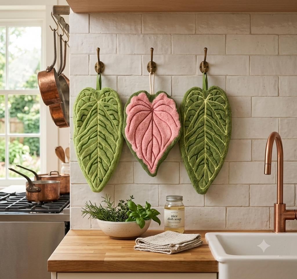Tropical Leaf Towel Set – Zestaw 3 Ręczników Liście Tropikalne Zielony & Różowy | Botaniczna Dekoracja Łazienki
